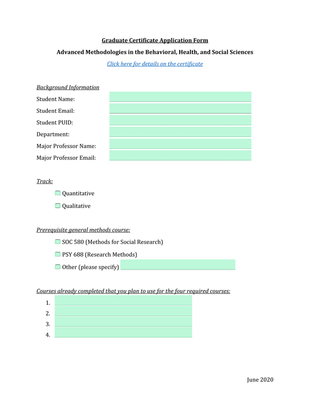 Graduate Certificate Application Form screenshot