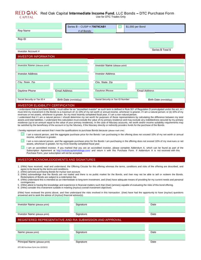 Red Oak Capital Intermediate Income Fund, LLC Bonds  DTC Purchase Form screenshot