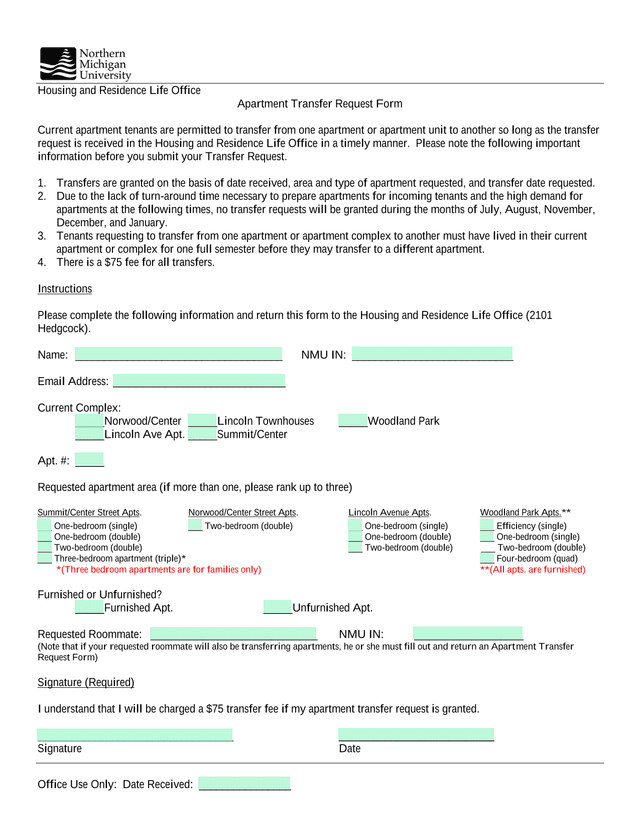Apartment Transfer Request Form screenshot