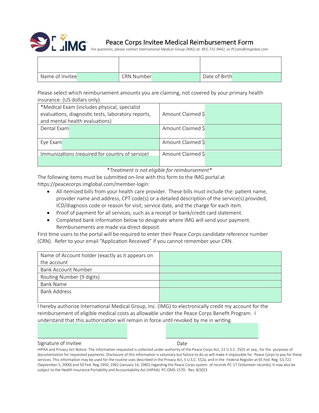 Peace Corps Invitee Medical Reimbursement Form screenshot