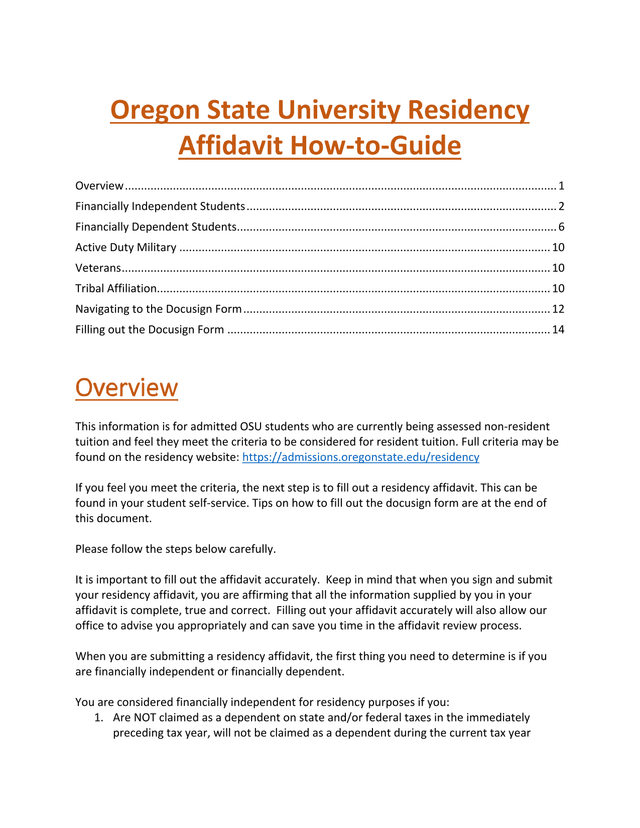 Oregon State University Residency Affidavit How To Guide screenshot