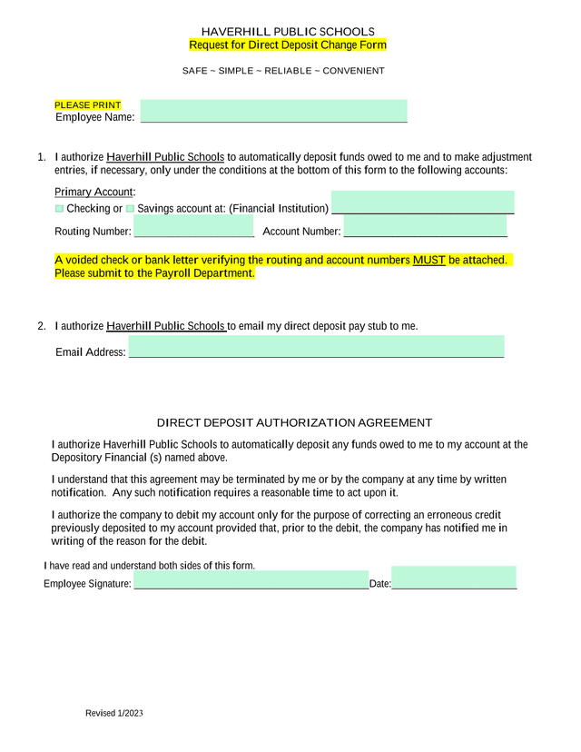Request For Direct Deposit Change Form screenshot