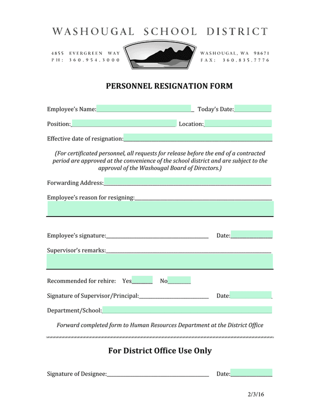 Personnel Resignation Form screenshot