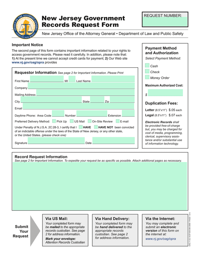 New Jersey Government Records Request Form screenshot