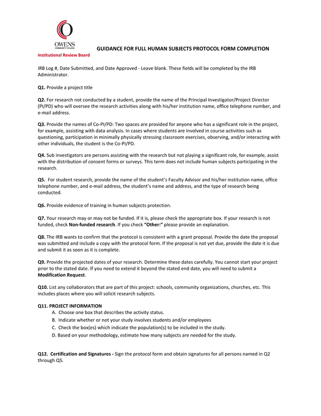 Guidance For Full Human Subjects Protocol Form Completion screenshot