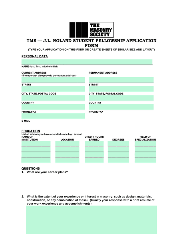 TMS  J.L. NOLAND STUDENT FELLOWSHIP APPLICATION FORM screenshot