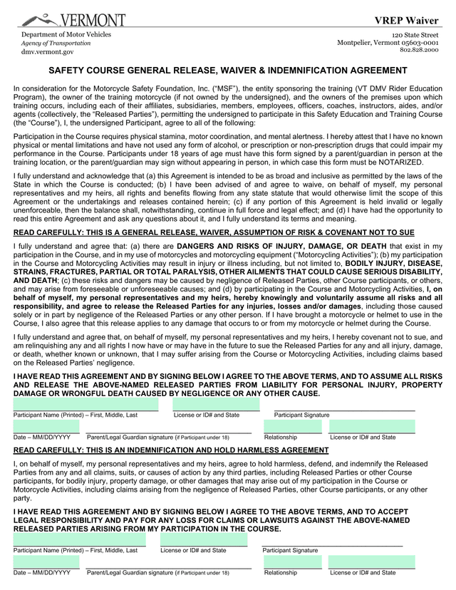 VREP Waiver screenshot