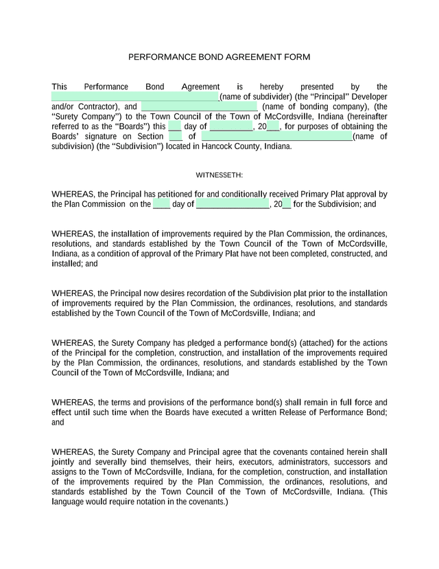 Performance Bond Agreement Form screenshot