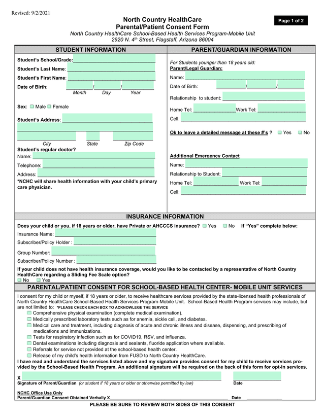 North Country HealthCare ParentalPatient Consent Form screenshot