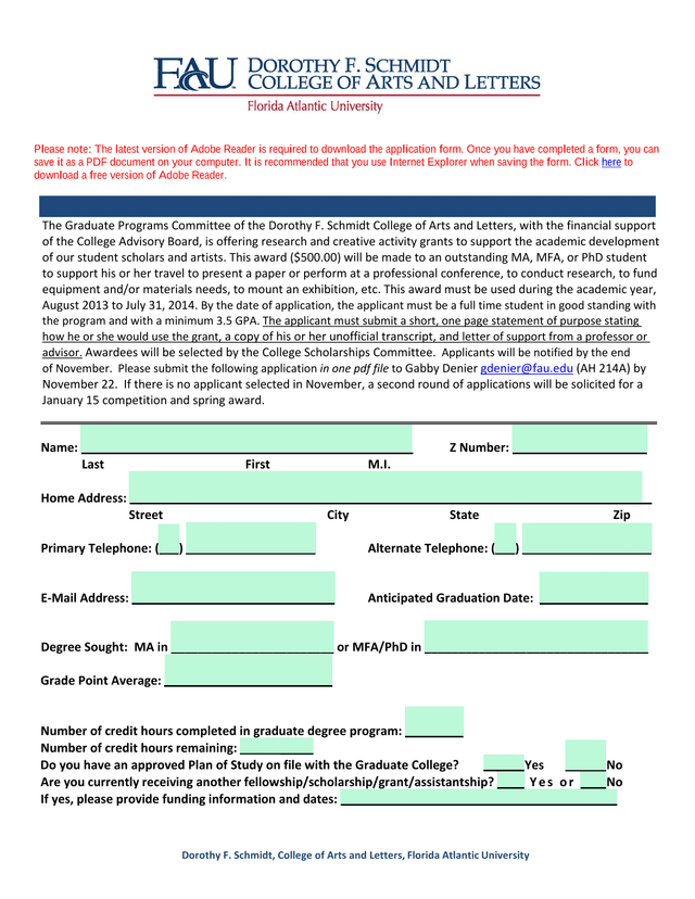 COLLEGE ADVISORY BOARD GRADUATE STUDIES GRANT APPLICATION FORM screenshot