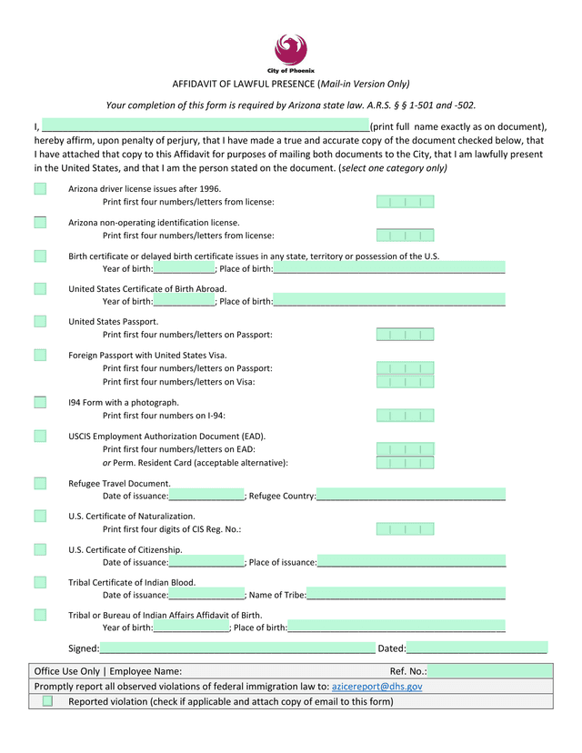 Affidavit Of Lawful Presence (Mail In Version Only) screenshot