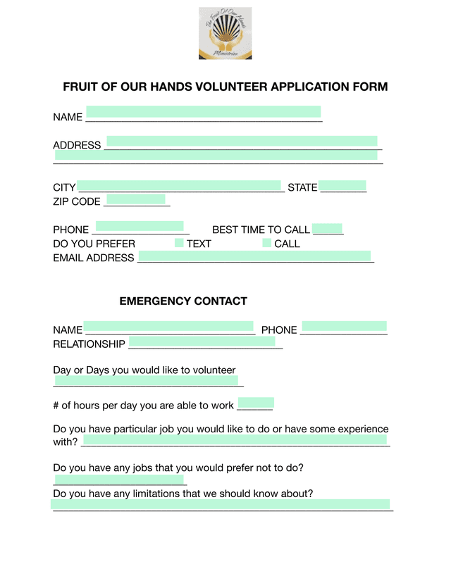 Fruit Of Our Hands Volunteer Application Form screenshot