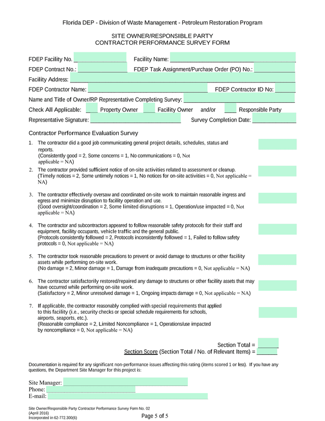 SITE OWNERRESPONSIBLE PARTY CONTRACTOR PERFORMANCE SURVEY FORM screenshot