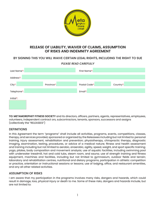 Release Of Liability, Waiver Of Claims, Assumption Of Risks And Indemnity Agreement screenshot