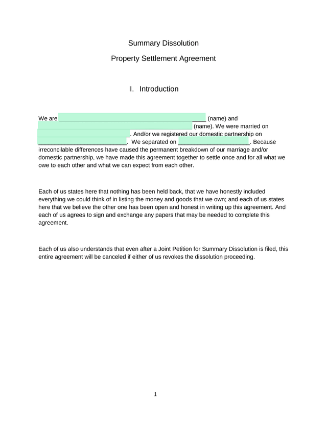 Summary Dissolution Property Settlement Agreement screenshot