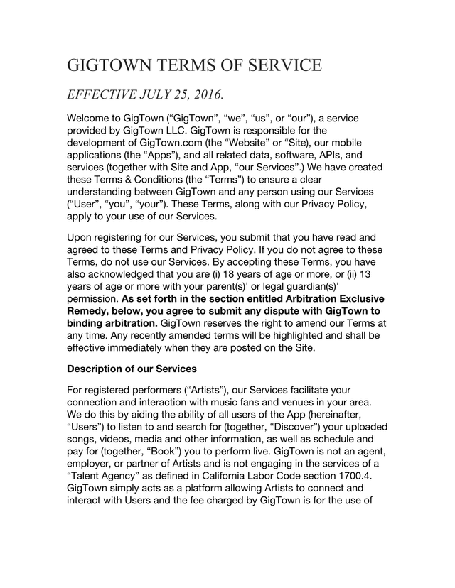 GigTown Terms Of Service screenshot