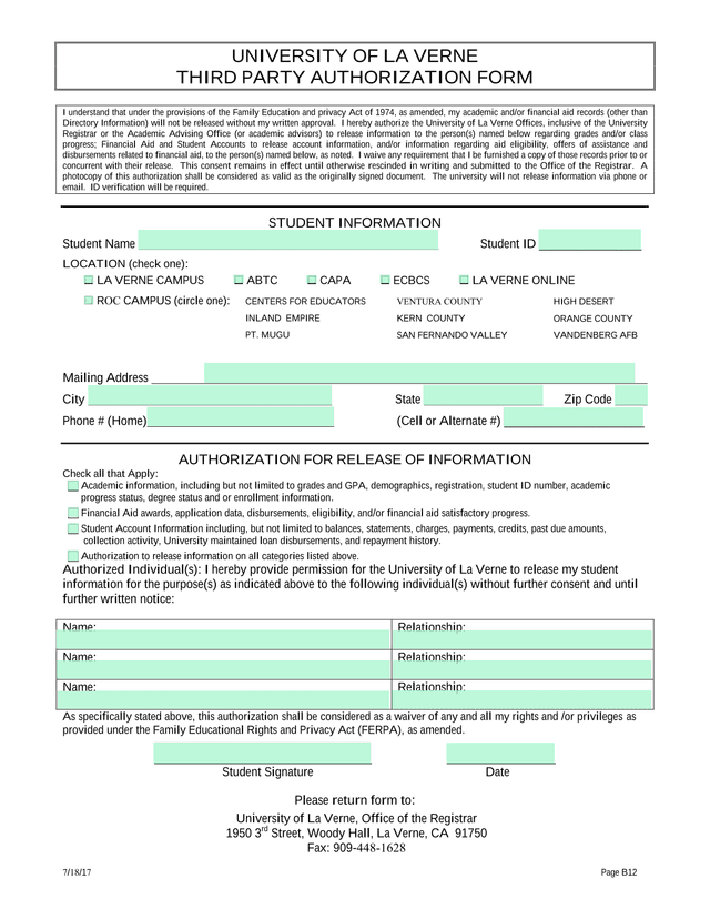 University Of La Verne Third Party Authorization Form screenshot