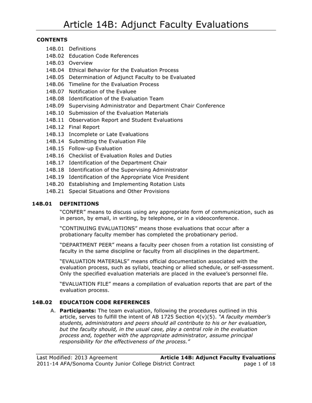 Article 14B Adjunct Faculty Evaluations screenshot