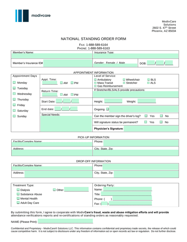 NATIONAL STANDING ORDER FORM screenshot