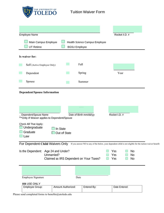 Tuition Waiver Form screenshot