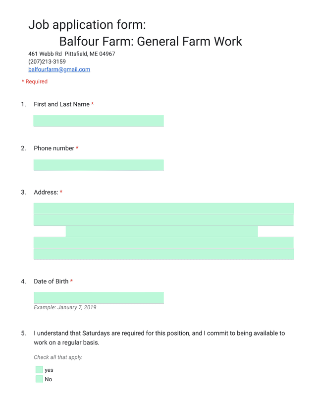 Balfour Farm Job Application Form screenshot