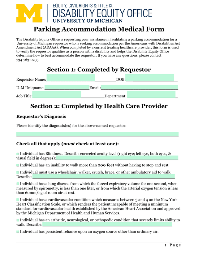 Parking Accommodation Medical Form screenshot