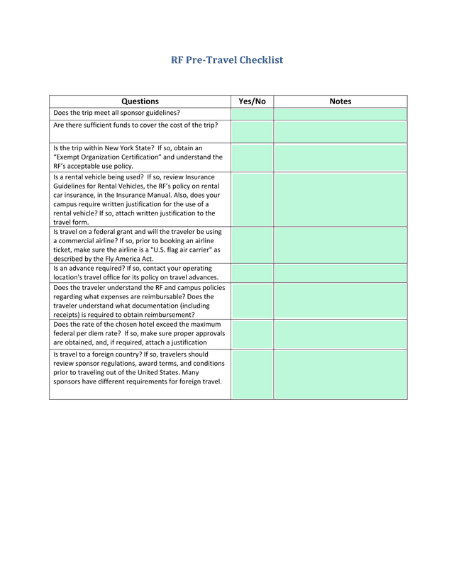 RF Pre Travel Checklist screenshot