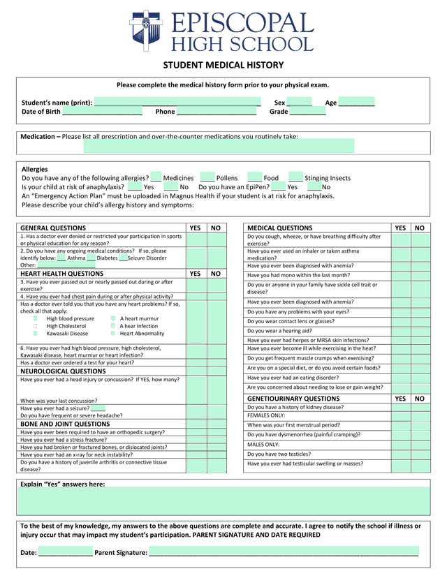 STUDENT MEDICAL HISTORY screenshot