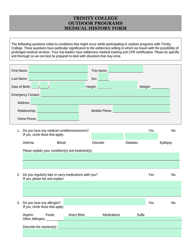 Trinity College Outdoor Programs Medical History Form screenshot