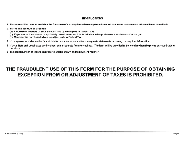 FAA 4400 86 Tax Exemption Form screenshot