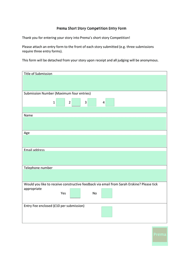 Prema Short Story Competition Entry Form screenshot