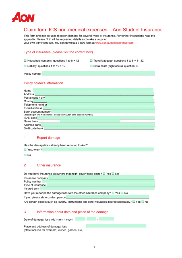 Claim Form ICS Non Medical Expenses  Aon Student Insurance screenshot
