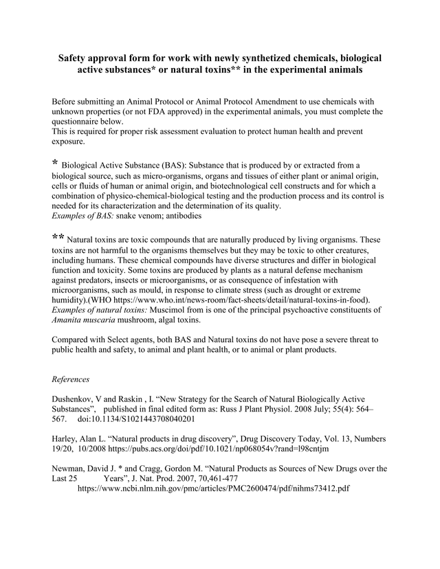 Safety Approval Form For Work With Newly Synthetized Chemicals, Biological Active Substances, Or Nat screenshot