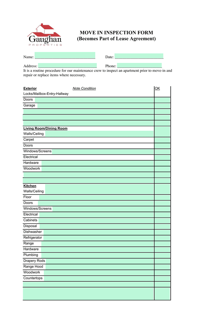 MOVE IN INSPECTION FORM screenshot