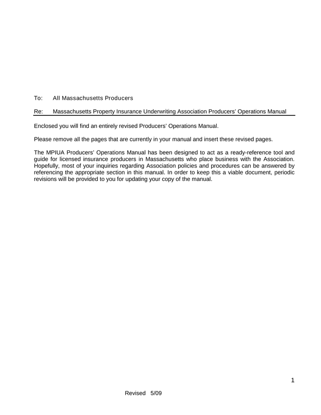 Massachusetts Property Insurance Underwriting Association Producers Operations Manual screenshot