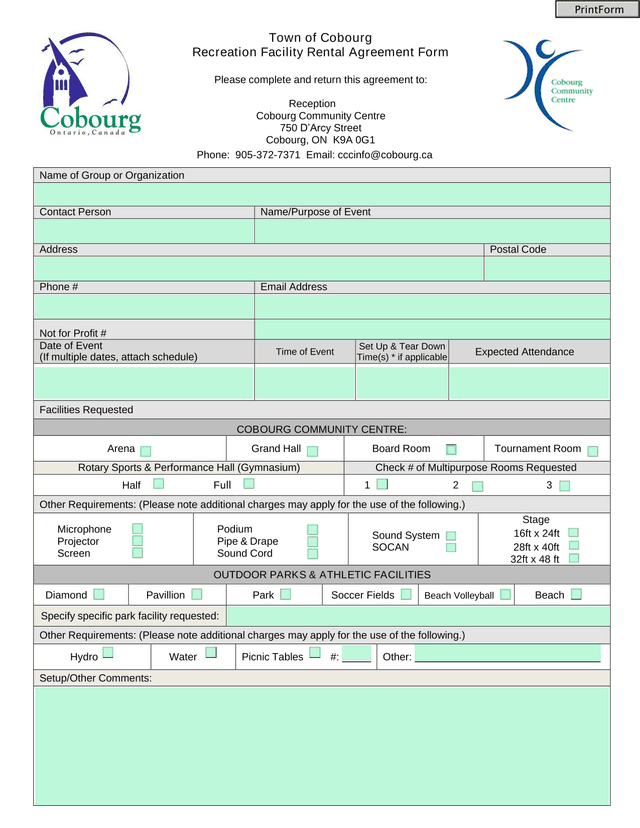Town Of Cobourg Recreation Facility Rental Agreement Form screenshot
