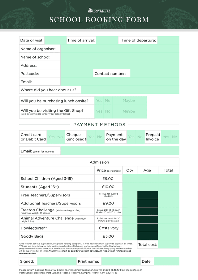 School Booking Form screenshot