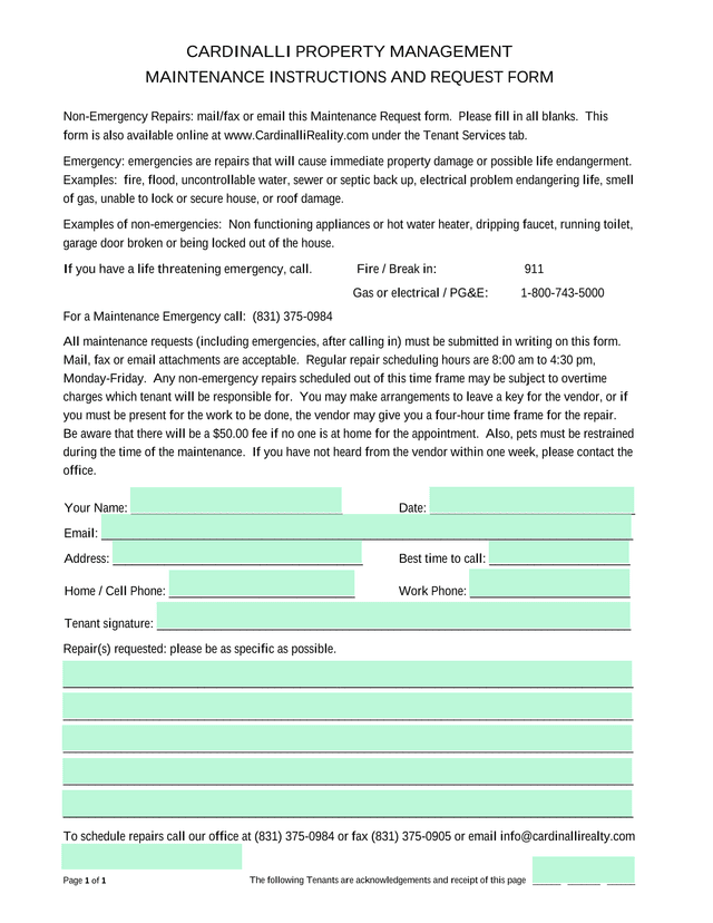 Maintenance Instructions And Request Form screenshot