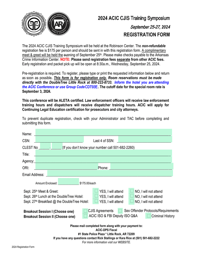 2024 ACIC CJIS Training Symposium Registration Form screenshot