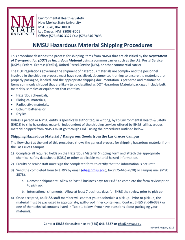 NMSU Hazardous Material Shipping Procedures screenshot