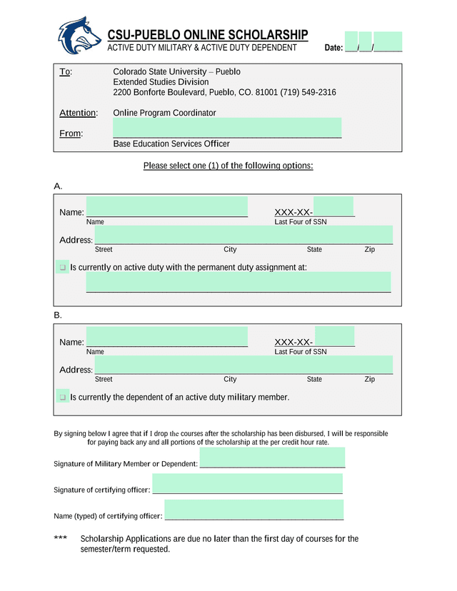 CSU Pueblo Online Scholarship Active Duty Military  Active Duty Dependent Form screenshot