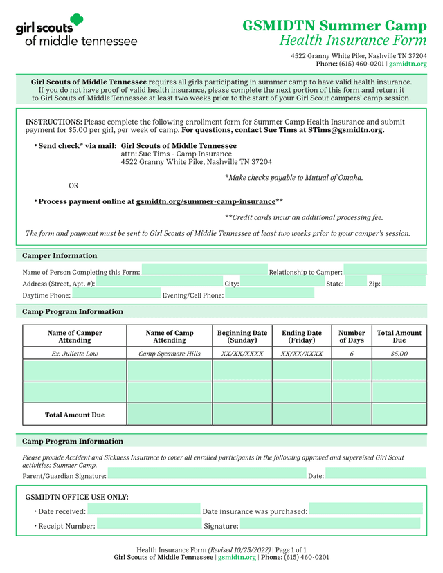 GSMIDTN Summer Camp Health Insurance Form screenshot