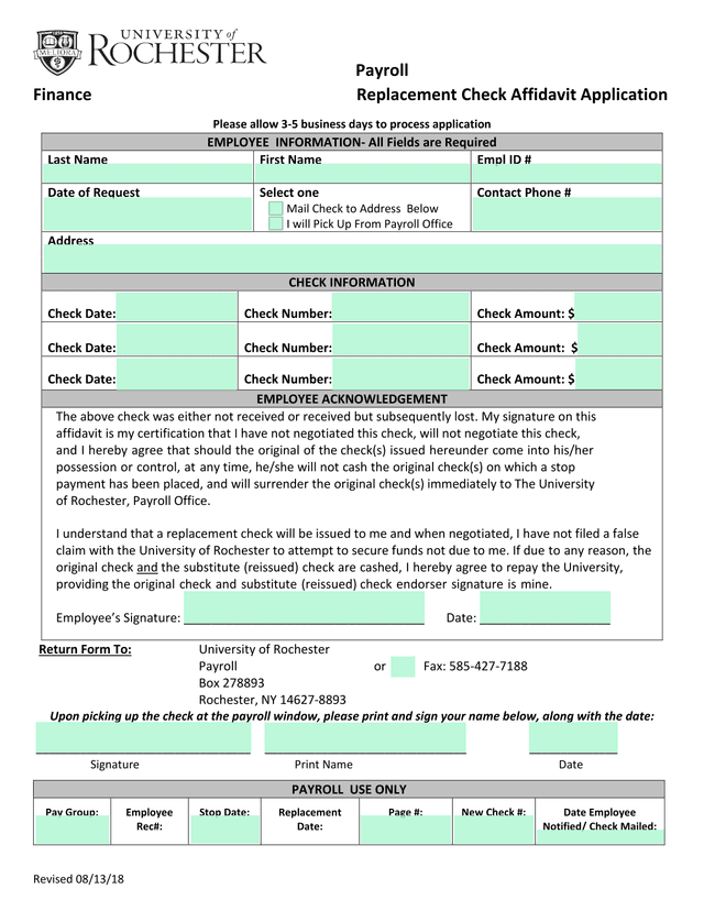 Replacement Check Affidavit Application screenshot