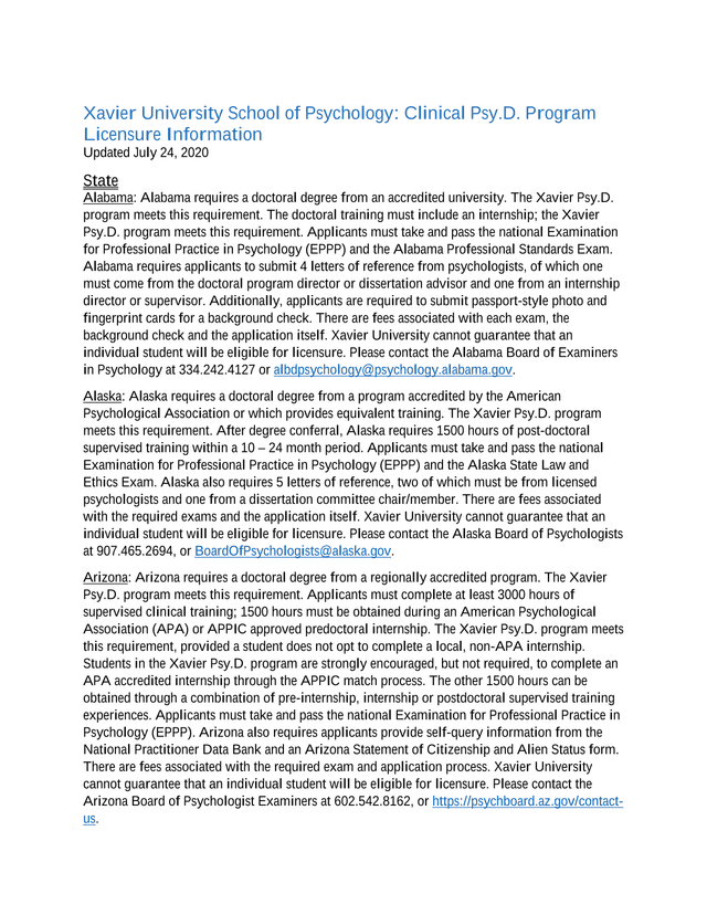 Xavier University School Of Psychology Clinical Psy.D. Program Licensure Information screenshot