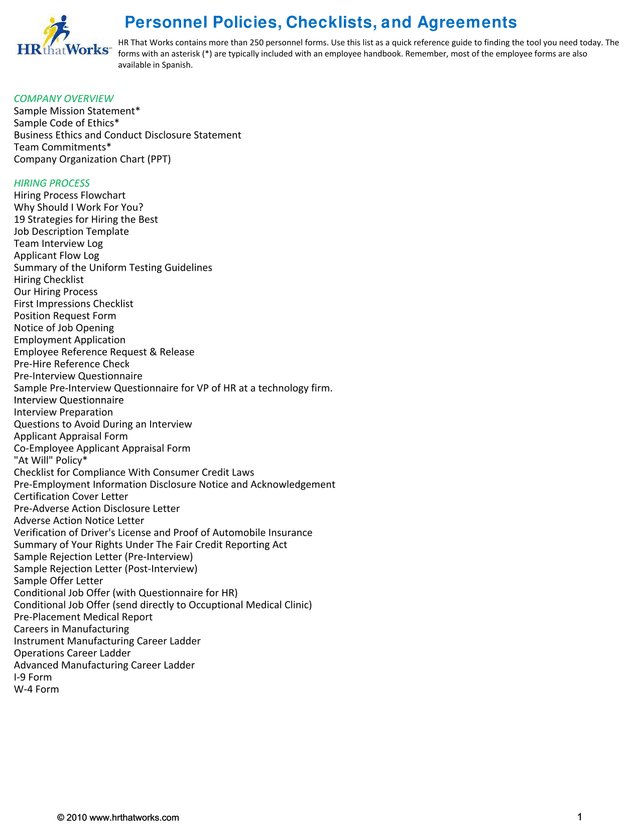 Personnel Policies, Checklists, And Agreements screenshot