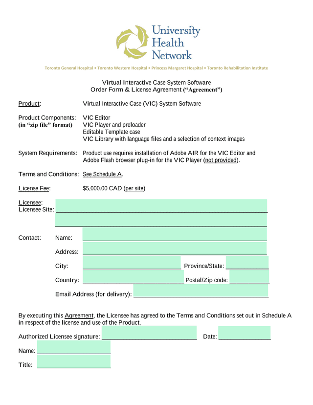 Virtual Interactive Case System Software Order Form  License Agreement screenshot