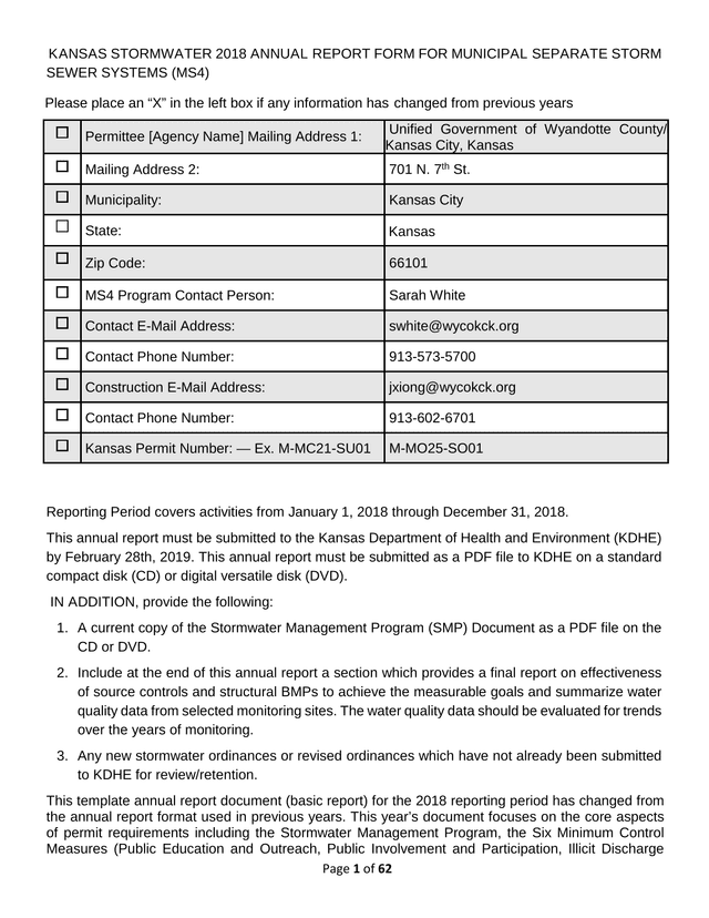 Kansas Stormwater 2018 Annual Report Form For Municipal Separate Storm Sewer Systems (MS4) screenshot