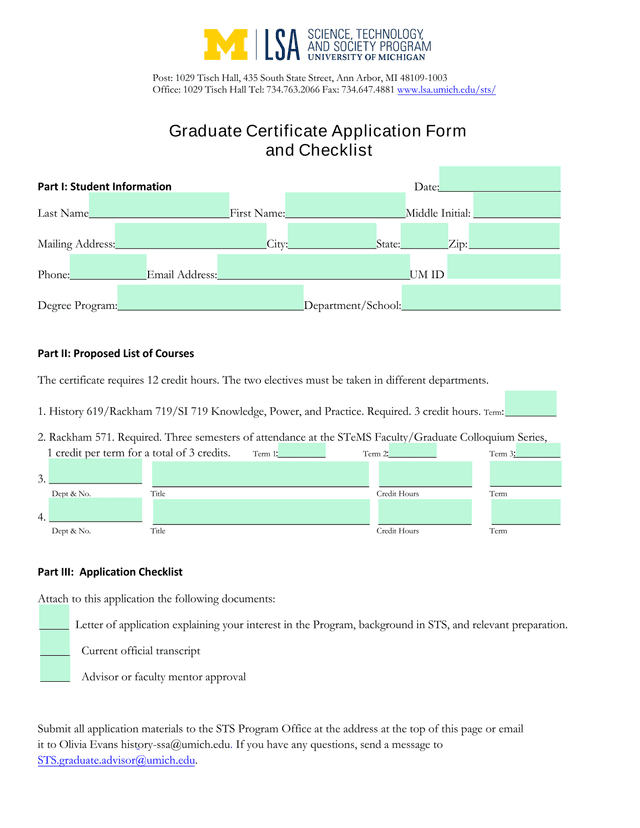 Graduate Certificate Application Form And Checklist screenshot