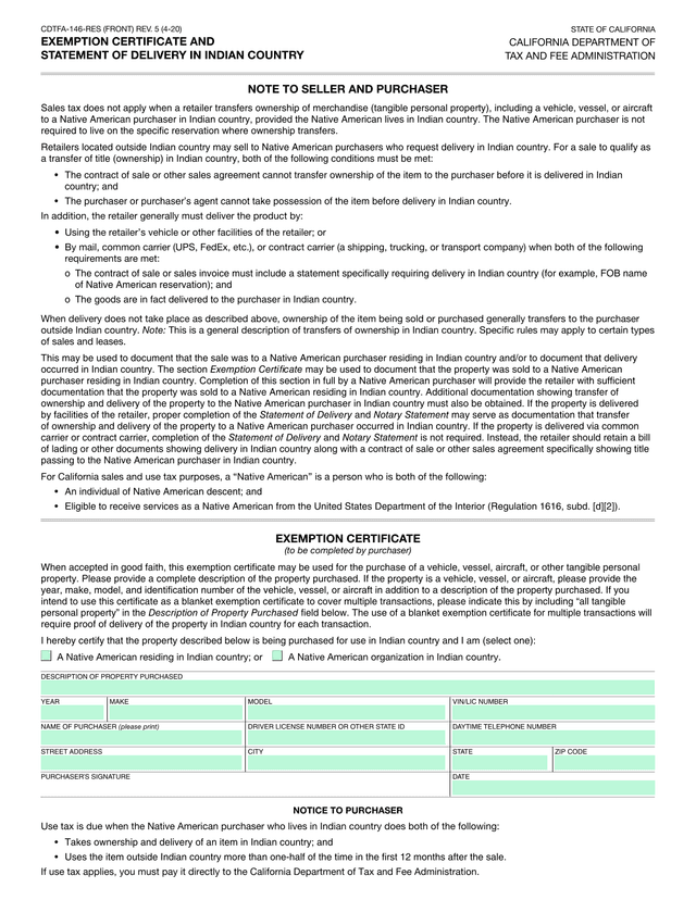 CDTFA 146 RES Exemption Certificate And Statement Of Delivery In Indian Country screenshot