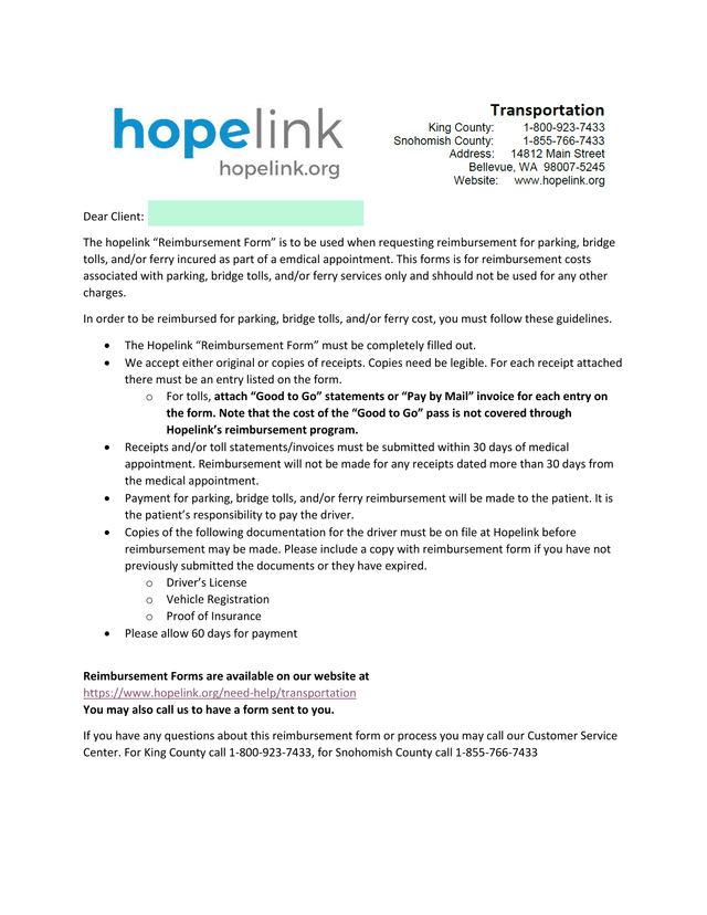 Hopelink Reimbursement Form screenshot